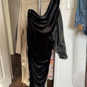 Elegant Black One Shoulder Velvet Dress NWT